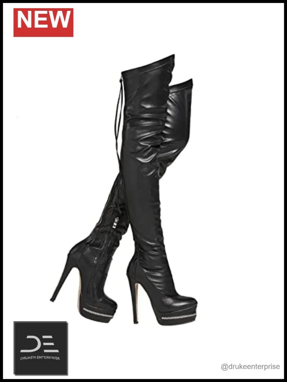 Women Over the Knee Platform Boots Lace Up Gold Strap Thigh High PU Leather